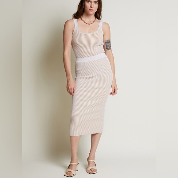 Anine Bing Julian Ribbed Skirt Beige Small Midi Knit Stretchy Bodycon Neutrals - Picture 1 of 8
